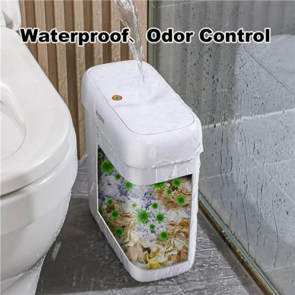 Slim Bathroom Trash Can with Lid Small 2.7 Gallon Press Top Garbage Bin - Picture 4 of 7